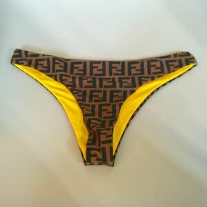 Fendi FF Logo Monogram Bikini Bottoms XL Brown Yellow Logo Italy